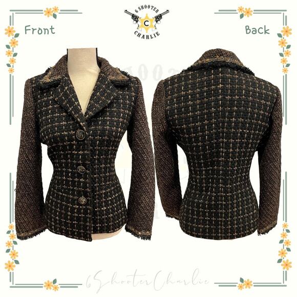 Chicos Brown Black Tweed Jacket with Beaded Trim Detail Metallic Thread Size 0 - Picture 1 of 4